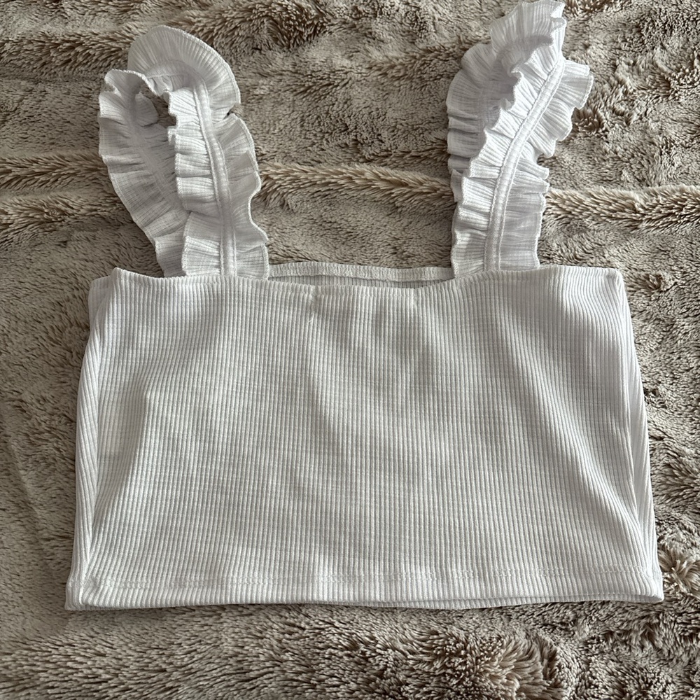 White Ribbed Ruffle Strap Crop Top - Picture 2 of 2